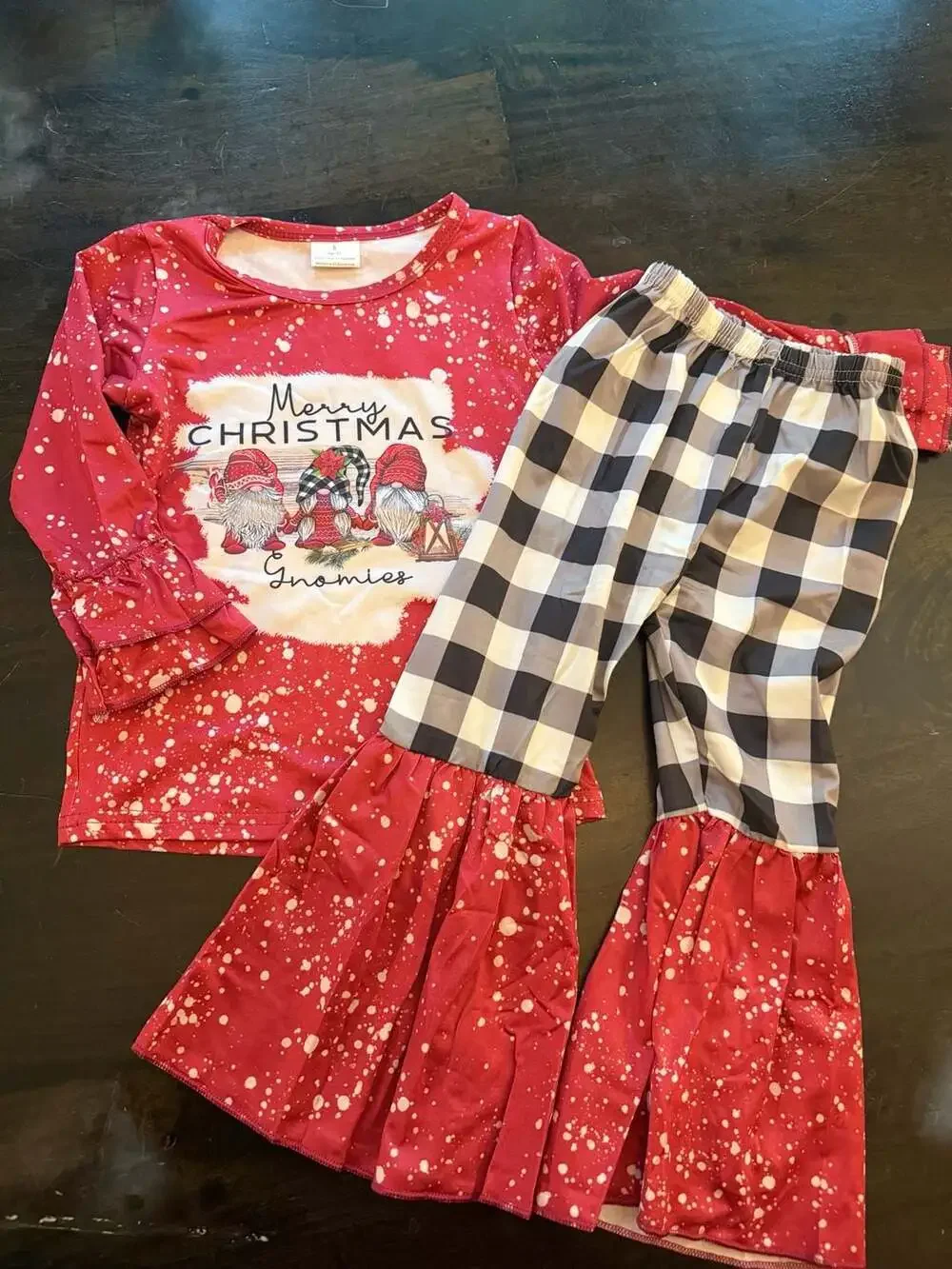 Merry Christmas Gnomies Ruffle Top and Buffalo Plaid Bell Bottom Pants Size 2T